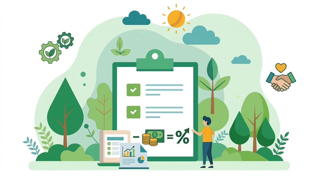 Ilustración estratégica de sostenibilidad para gerentes: Representación visual del cálculo de ROI corporativo mediante la transformación de reportes ambientales y auditoría técnica de Green Solutions en rentabilidad financiera y ahorro operativo para empresas.